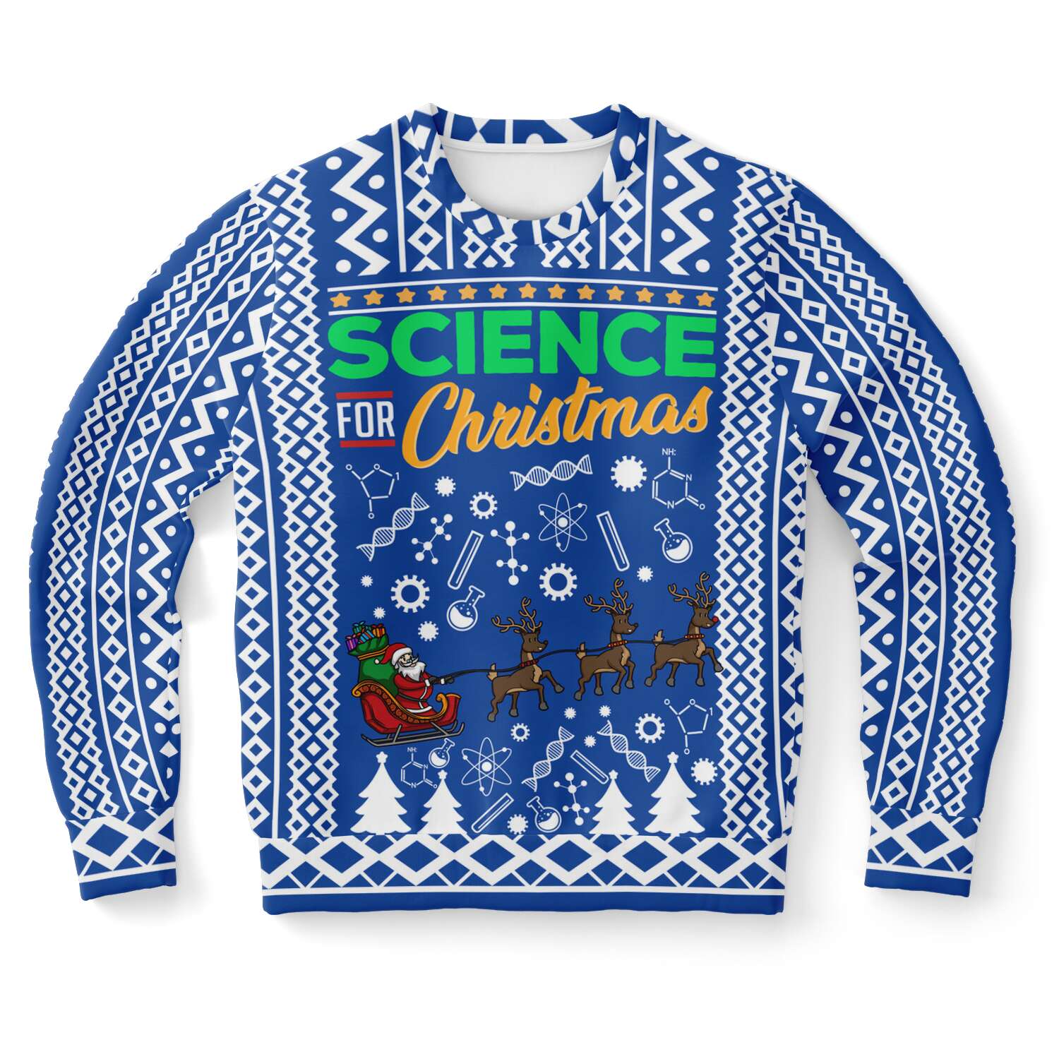 christmas science themed blue ugly sweater