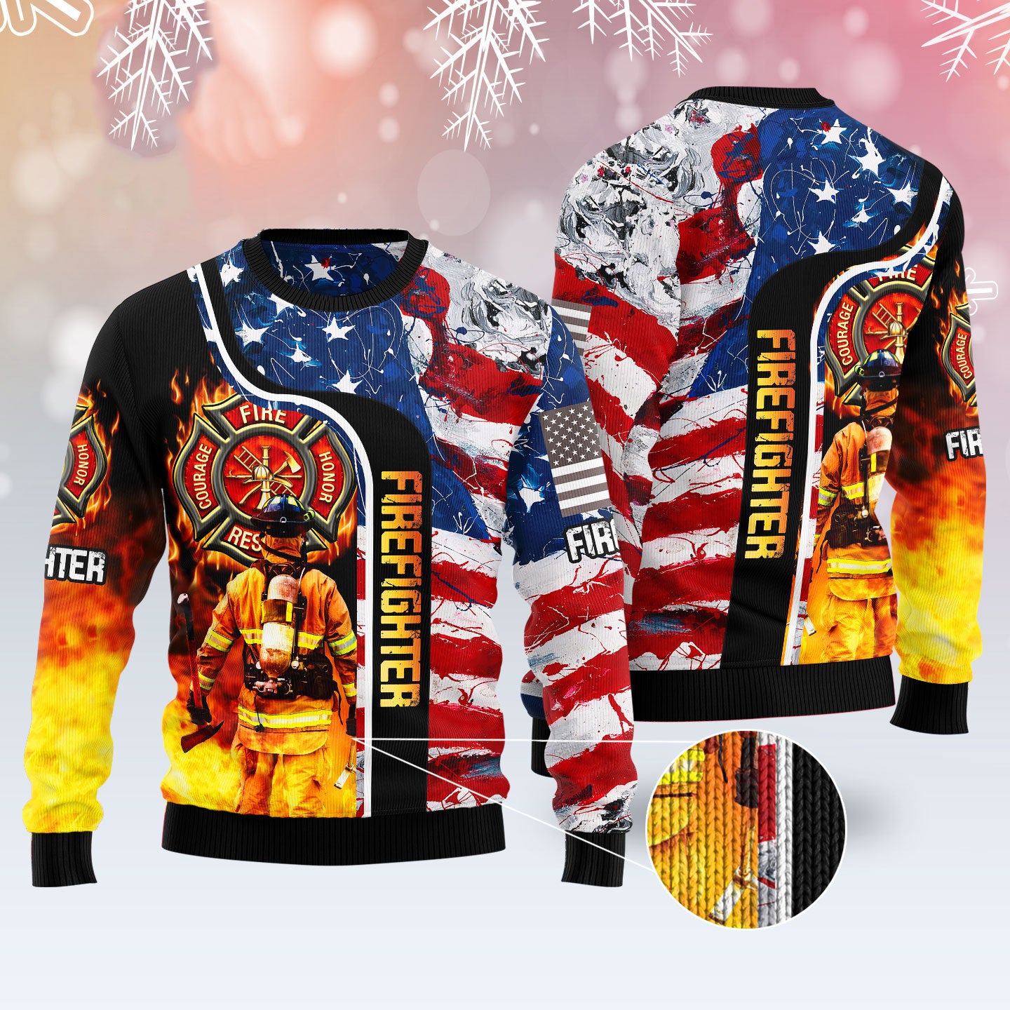 Firefighter USA Flag Christmas Sweater – Ugly Holiday Pullover for Festive Celebrations