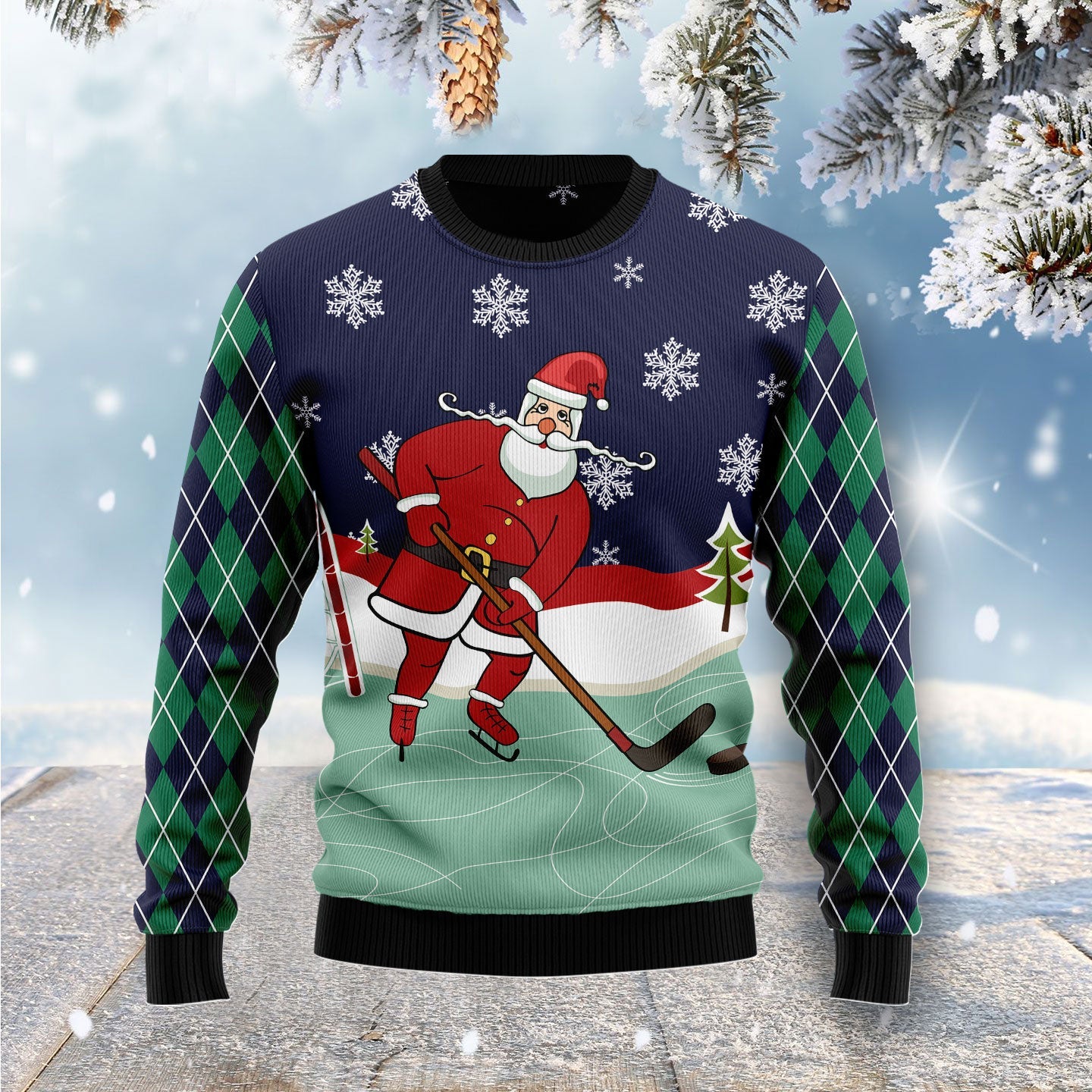 funny hockey santa claus ugly christmas sweater tk0jl