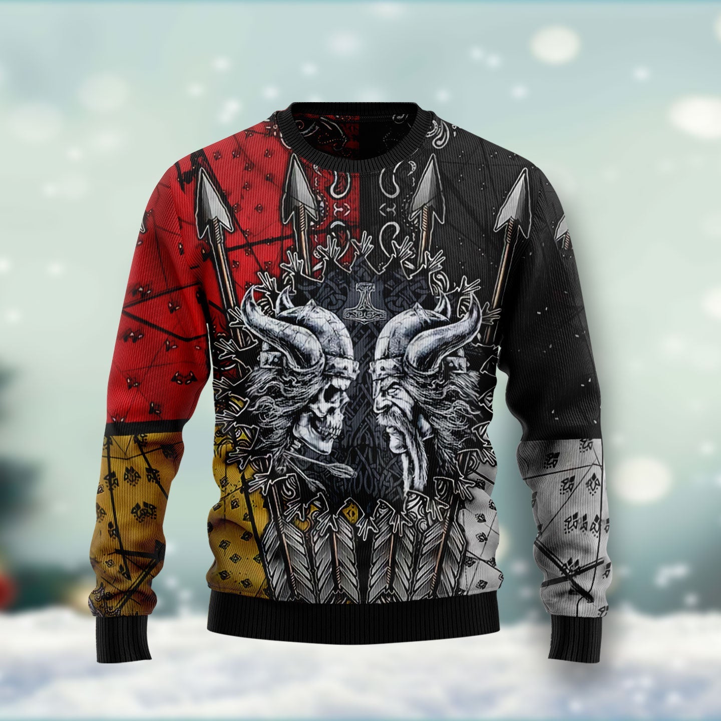 funny viking christmas ugly sweater in red and black