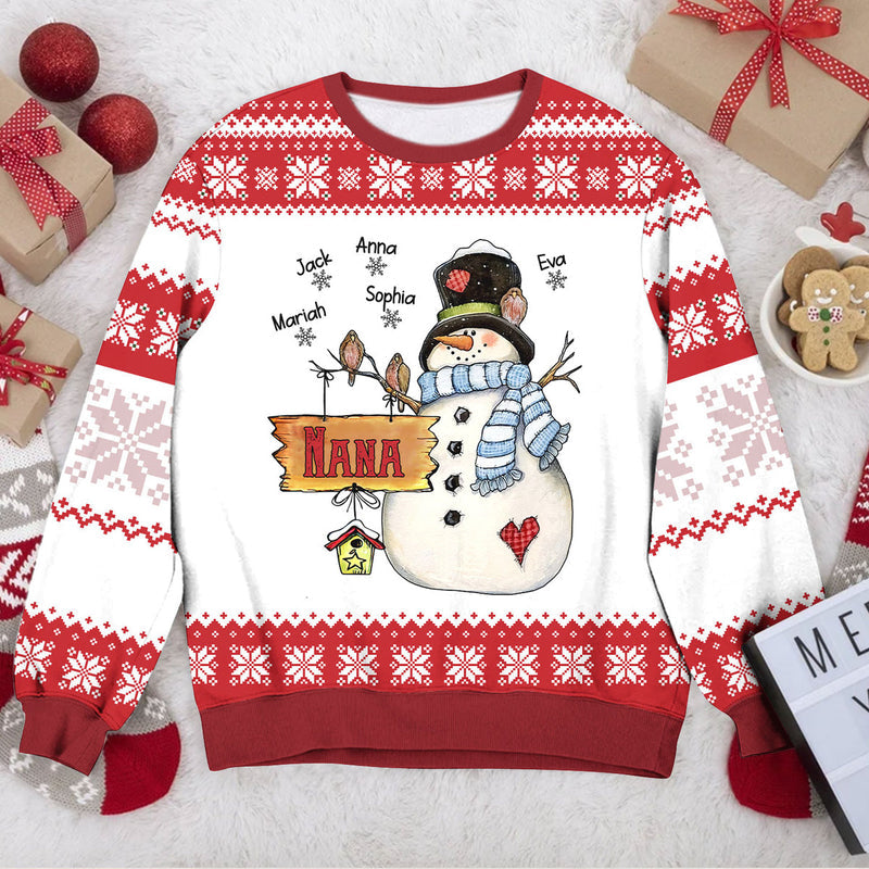 personalized grandma snowman ugly sweater for kids with snowflakes l7c8v