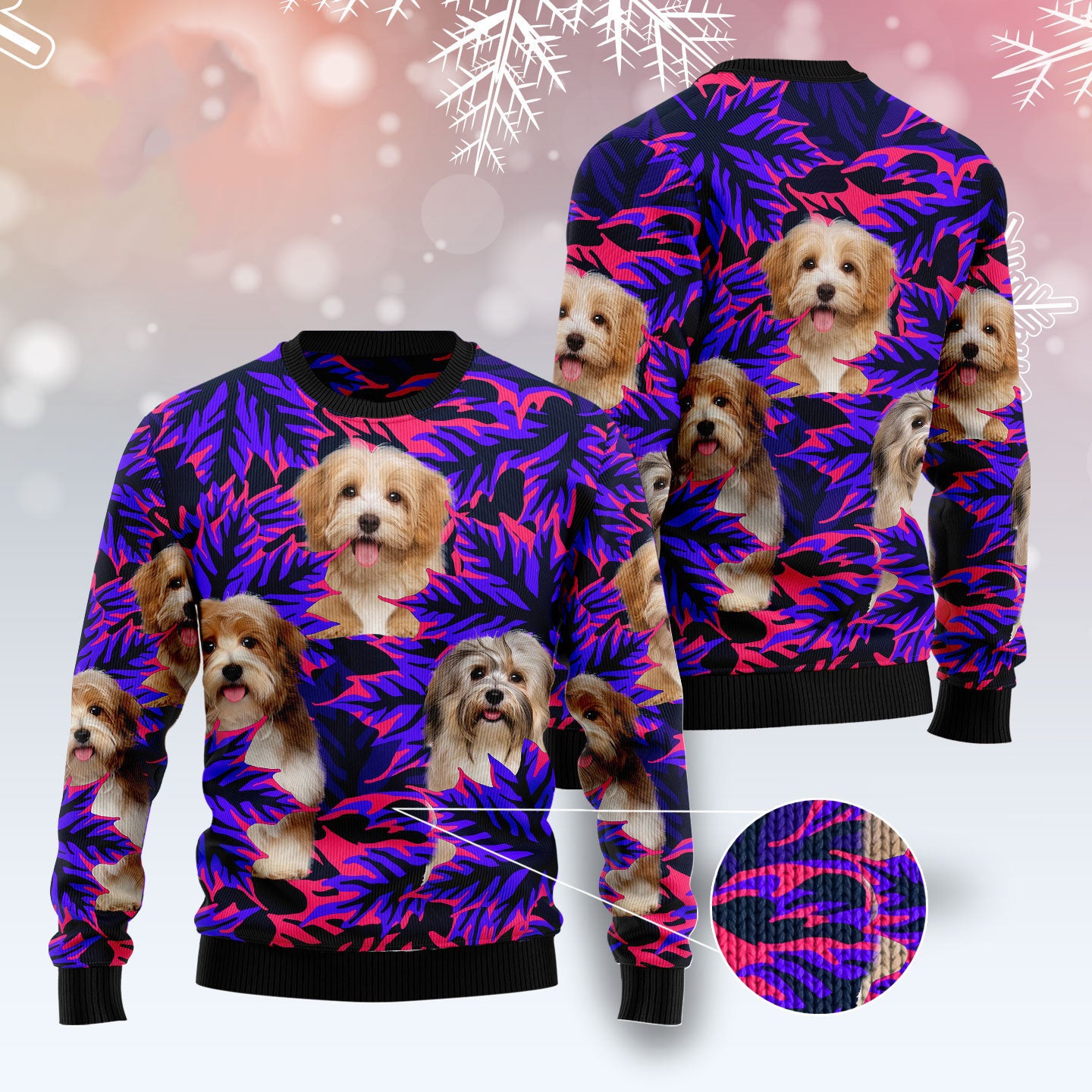 Purple Havanese Leaves Funny Ugly Sweater for Pet Lovers